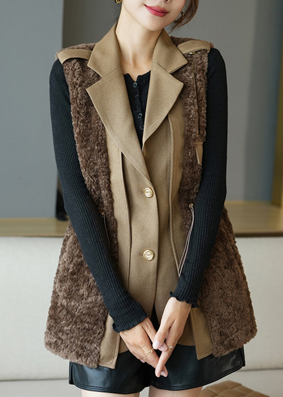 Fine Coffee Notched Patchwork Button Faux Fur Waistcoat Fall