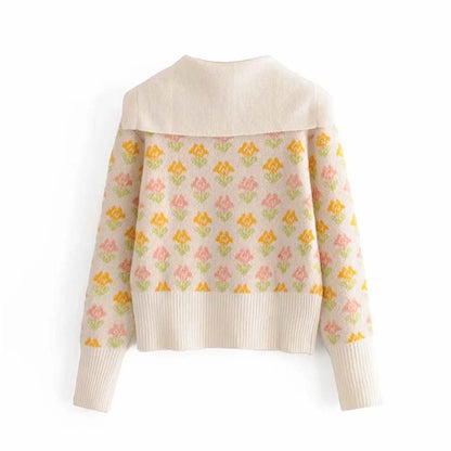 Retro Autumn Girl Sweet Temperament Two-color Flower Short Sweater Sweater 7163