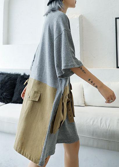 Loose Patchwork Big Pockets Cotton Clothes Inspiration Gray Dresses Summer