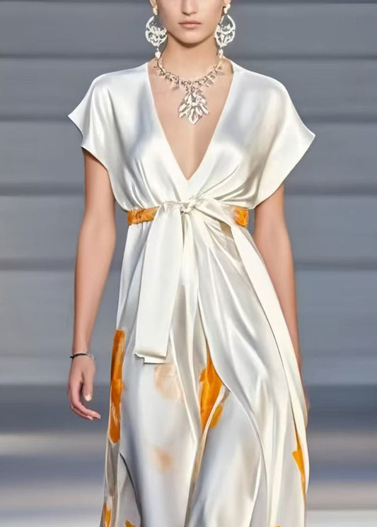 White V Neck Print Silk Cinched Dress Summer