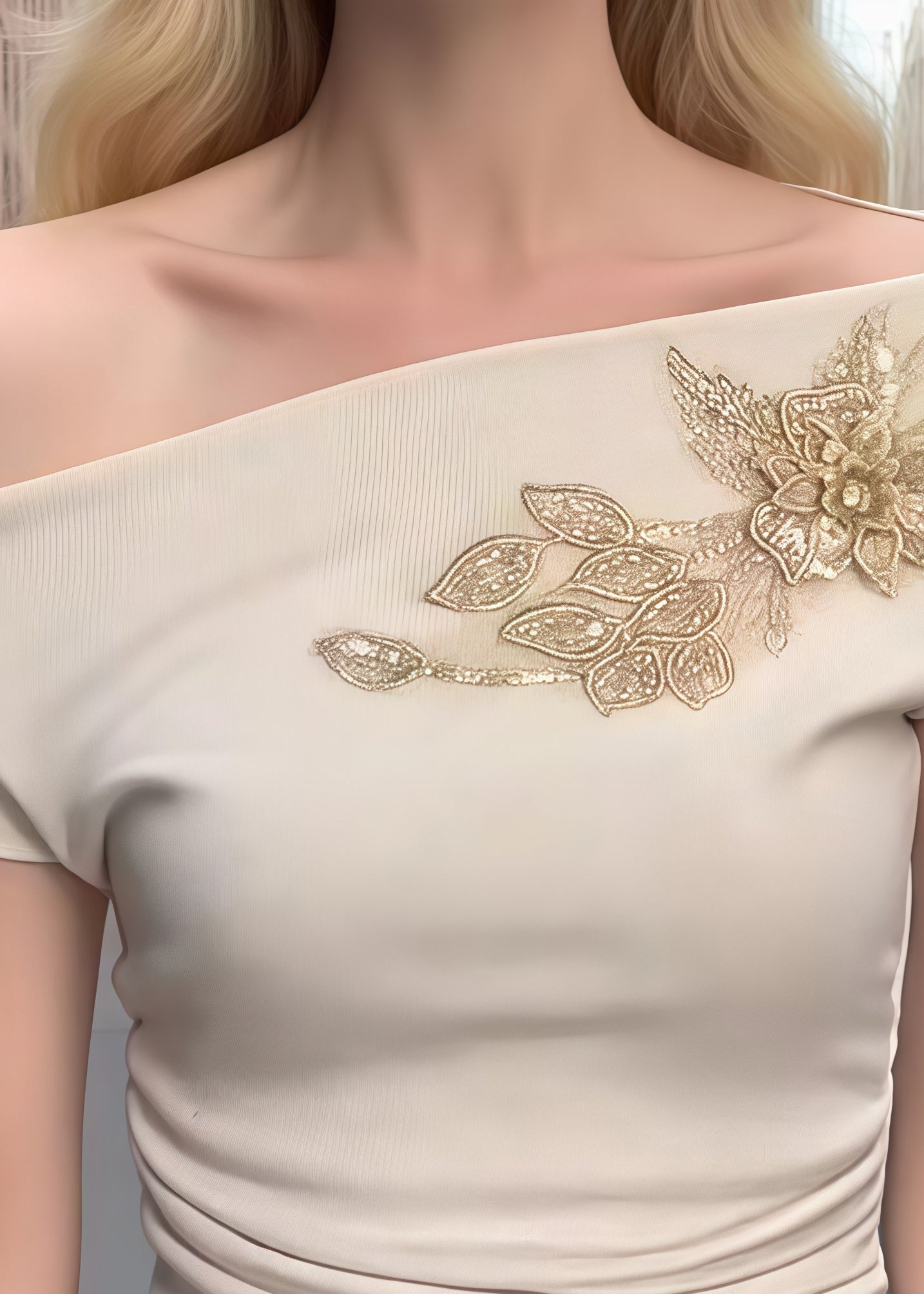 Beige Embroideried Cotton One Shoulder Tops Summer