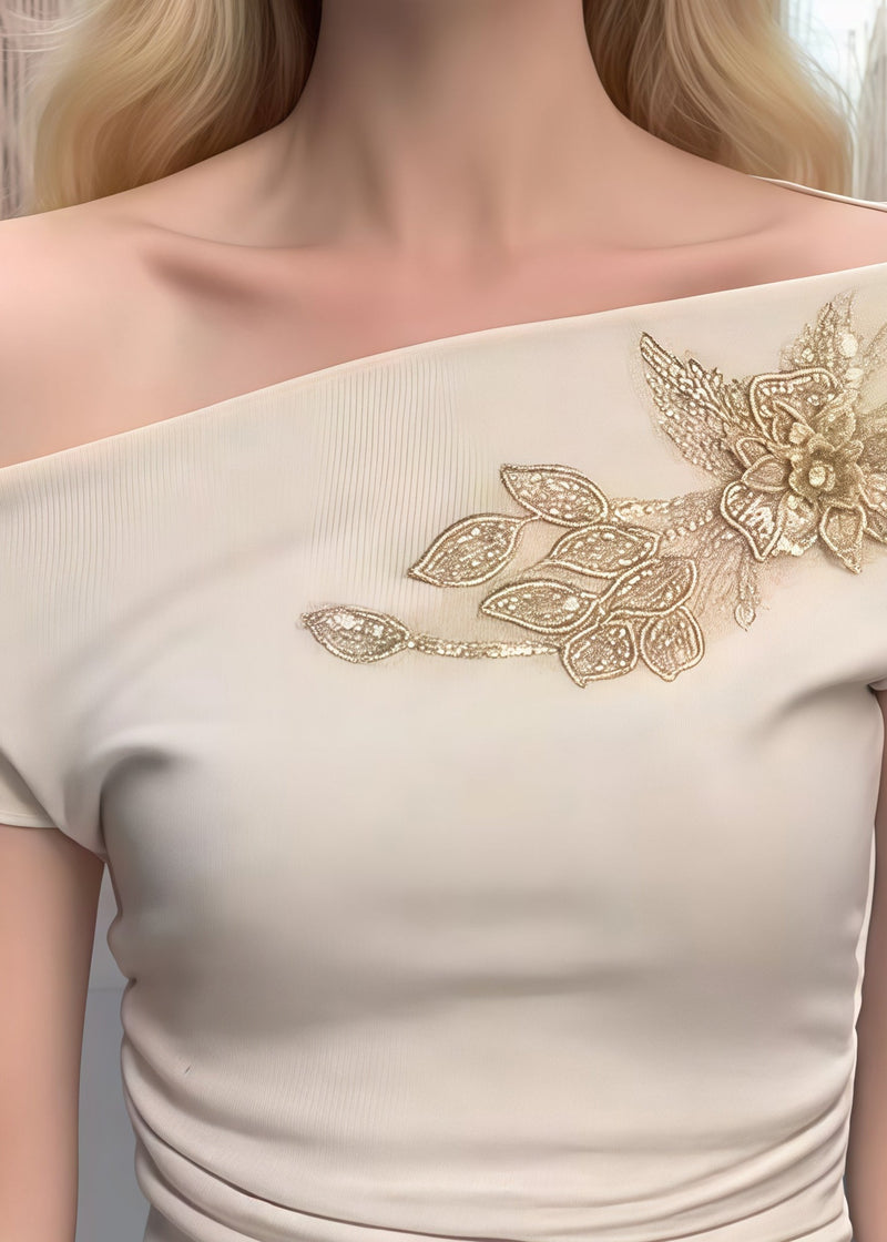 Beige Embroideried Cotton One Shoulder Tops Summer