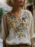 Bohemian Style Three-dimensional Embroidered Flowers And Vines Vintage Cotton And Linen Off-white V-neck Short-sleeved Shirt elevenforest