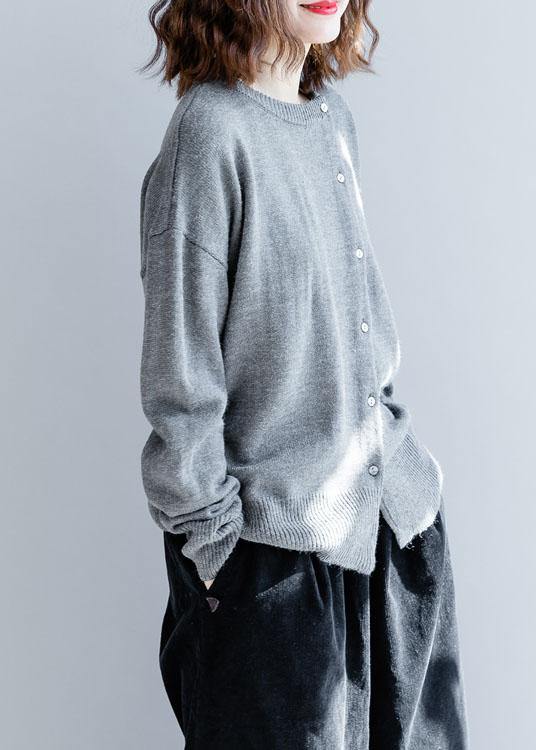 For Work Gray Knitted Clothes O Neck Pockets Sweaters