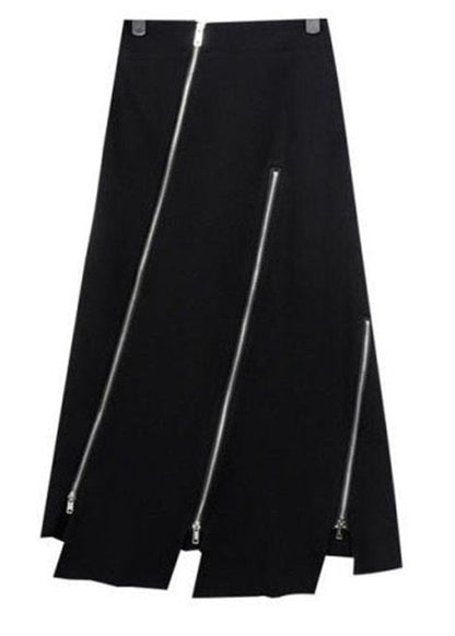 Black Asymmetrical Zippered Cotton Skirts Summer