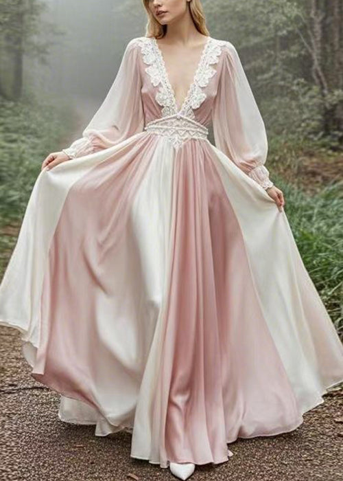 Pink V Neck High Waist Patchwork Maxi Dress Spring