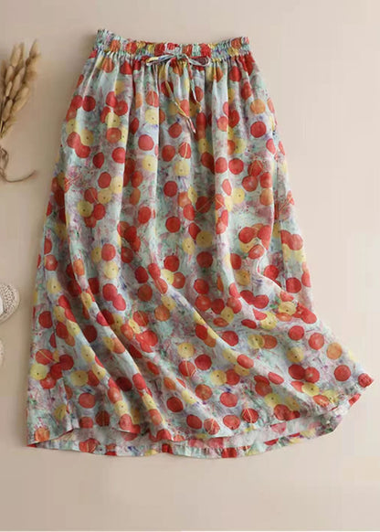 Red Drawstring Elastic Waist Print Chiffon Skirt Spring