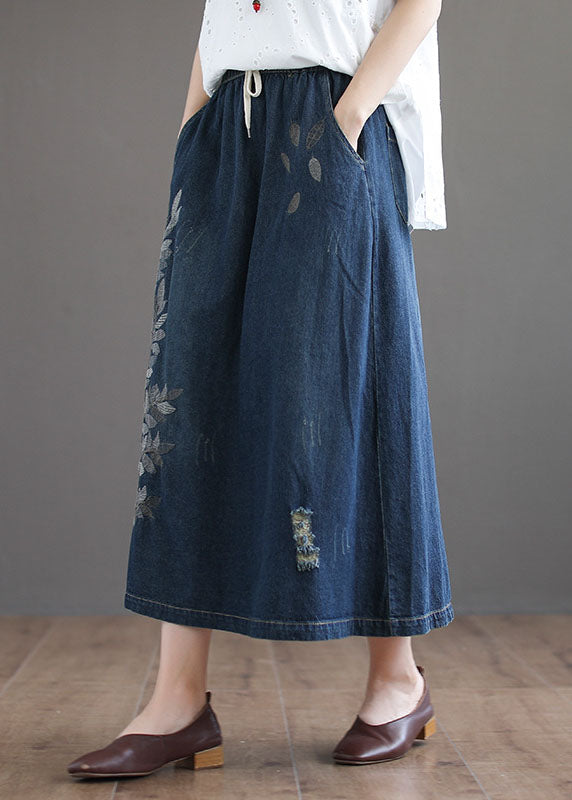 Dark Blue Pockets Cotton Denim Skirt Elastic Waist Ripped Cozy