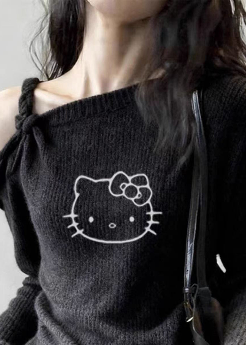 Dark Grey Cold Shoulder Print Cotton Knit Sweater Tops Spring