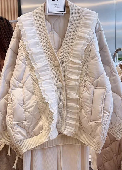 Beige V Neck Ruffled Patchwork Fine Cotton Filled Jacket Spring