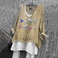 Women's Floral And Bird Patch Cotton And Linen V-neck Shirt elevenforest