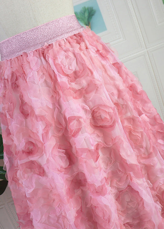 Gradient Color Pink Rose Embroideried High Waist Tulle Maxi Skirt Spring