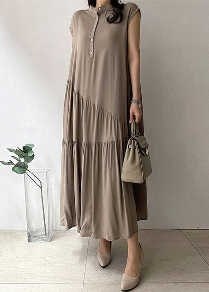 Khaki Wrinkled Button Pockets Cotton Long Dress Summer