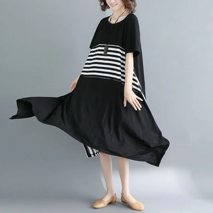 Boutique Black Cotton Knee Dress Loose Fitting Cotton Clothing Dresses Fine Short Sleeve O Neck Asymmetrical Design Knee Dresses