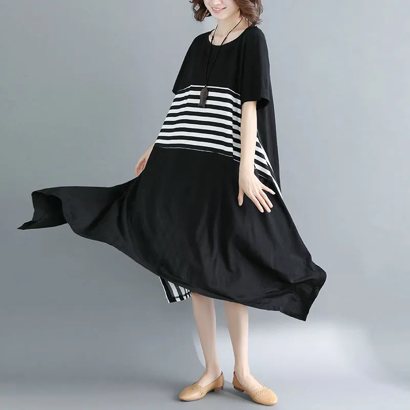 Boutique Black Cotton Knee Dress Loose Fitting Cotton Clothing Dresses Fine Short Sleeve O Neck Asymmetrical Design Knee Dresses