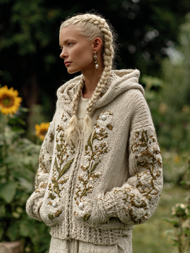 Women's Bohemian Style Plant Flower Pattern Embroidered Hooded Sweater Jacket artswardrobe