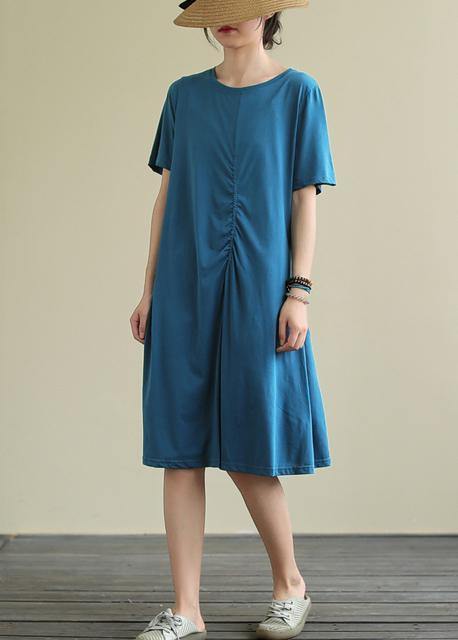O Neck Cinched Cotton Summer Dress Sewing Blue Dresses