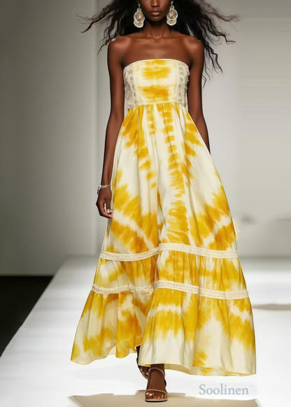 Yellow Tie Dye Exra Large Hem Chiffon Strapless Dress Summer