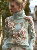 Women's Bohemian Style Handmade Rose Pearl Thick Needle Antique High Neck Sweater