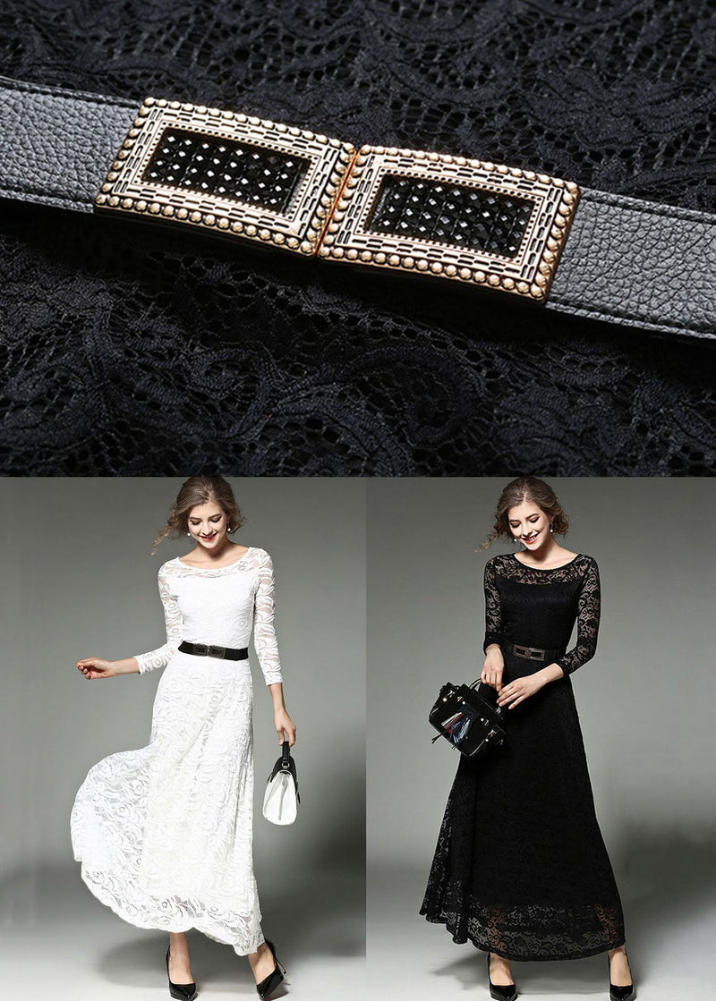 Black Sashes Patchwork Slim Fit Lace Long Dresses O-neck Bracelet Sleeve