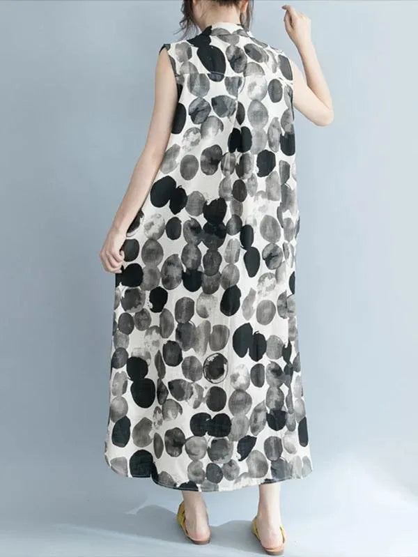 Black Dotted Cotton Quilting Clothes Turn-down Collar Sleeveless Dresses