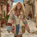 Women's Vintage Patchwork Floral Art Cozy Knitted Zip-up Hoodie