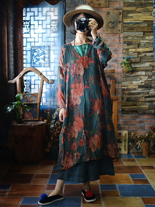 Print V-neck Loose Dress