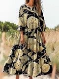 Women's Vintage Ethnic Floral Art Print Flowy Cotton Crew Neck Dress