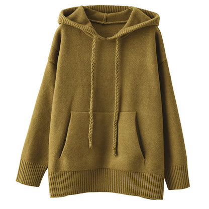 Thick Twist Drawstring Hooded Knit Sweater