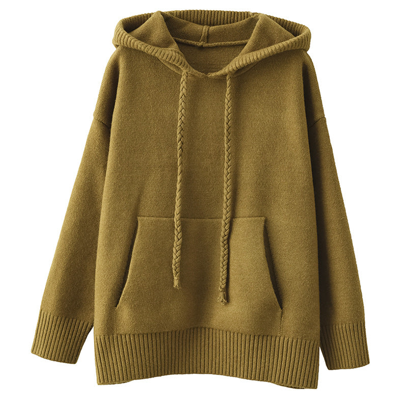 Thick Twist Drawstring Hooded Knit Sweater