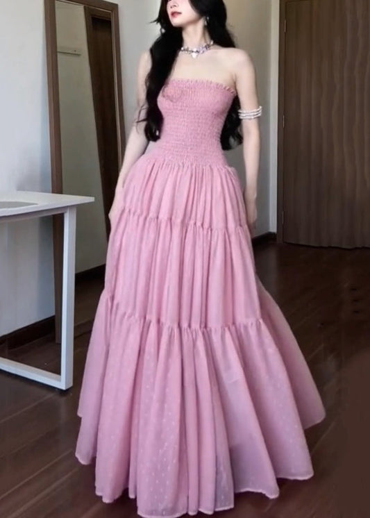New Pink Strapless Cotton Long Dress Sleeveless