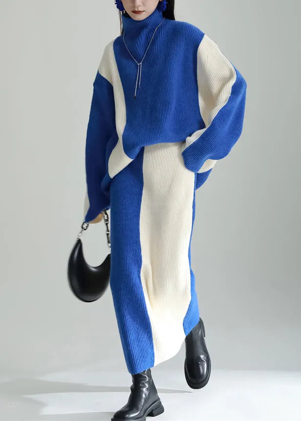 Boutique Blue Hign Neck Knit Tops and Skirts Two Pieces Set Winter
