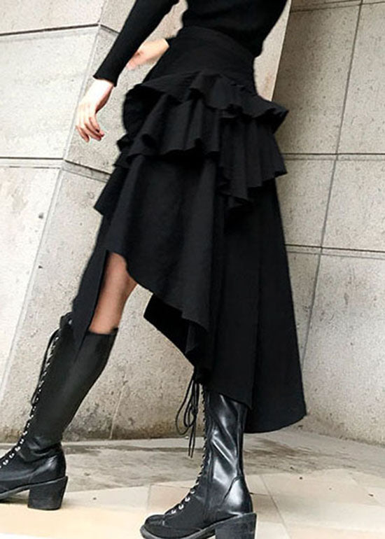 Stylish Black Button Pockets Asymmetrical Skirts Spring