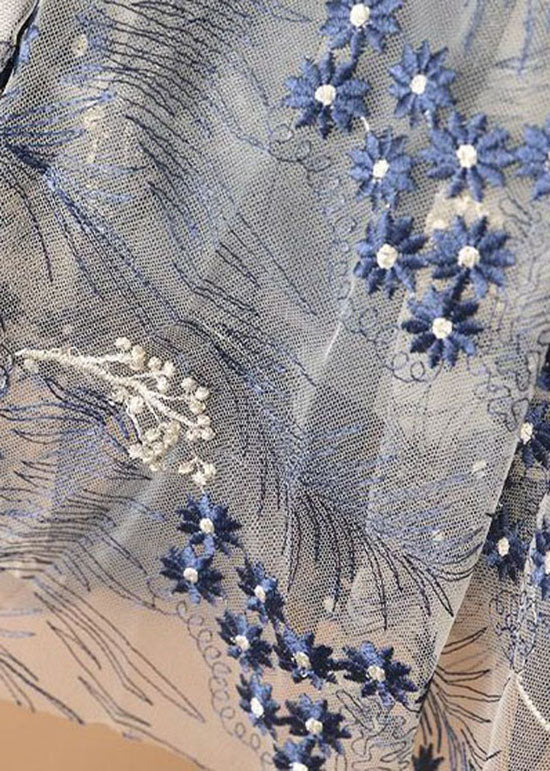 Blue Embroidery Wrinkled Tulle Skirts Summer