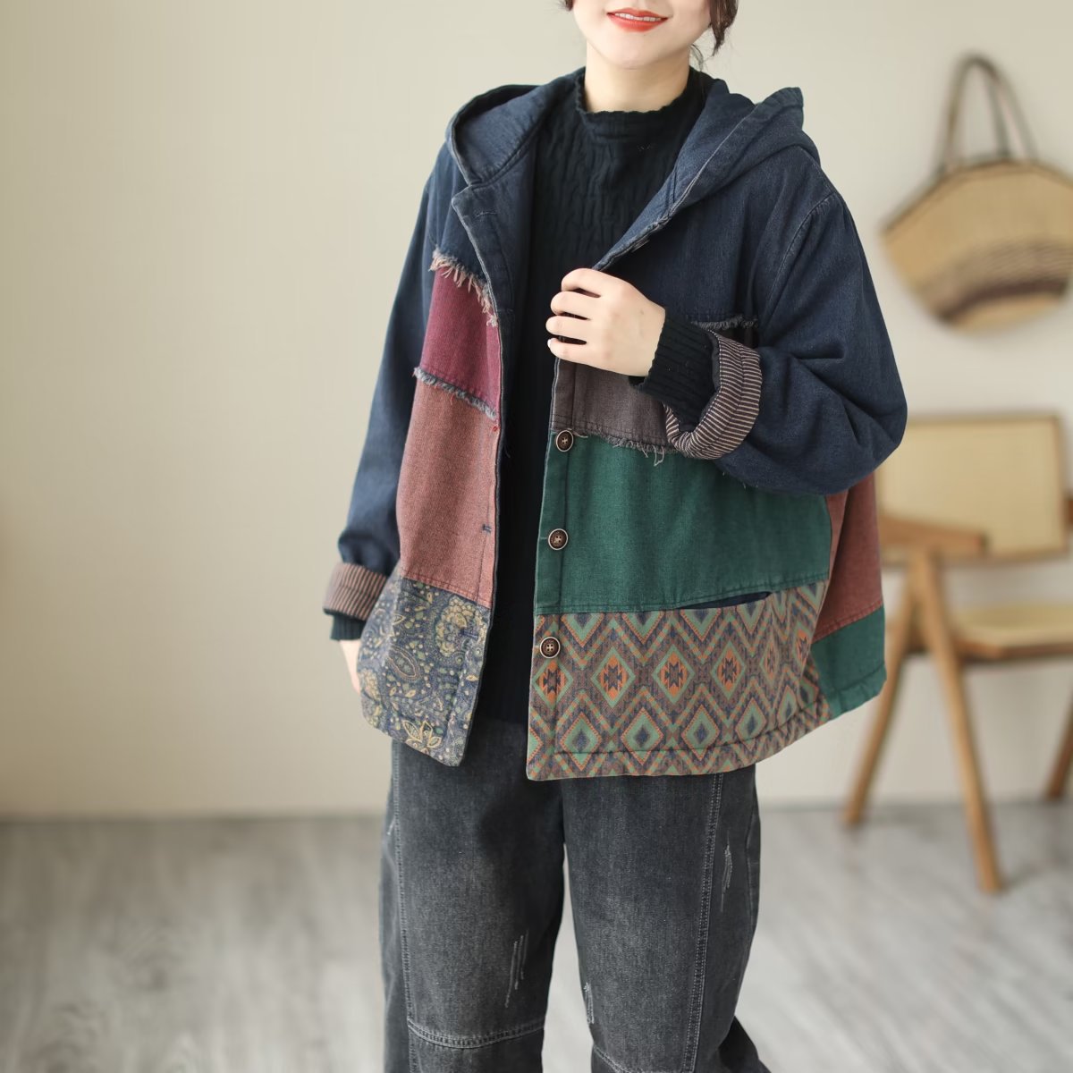 Padded Thick Loose Colorblock Denim Jacket