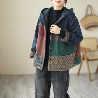Padded Thick Loose Colorblock Denim Jacket