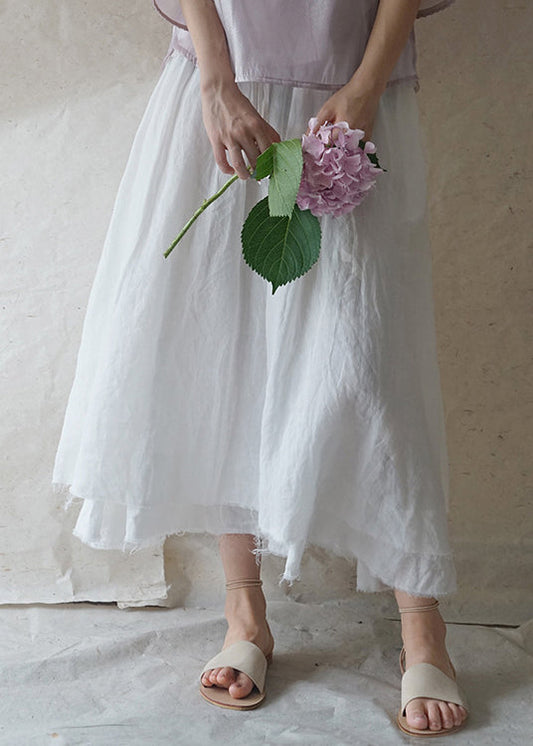 White Elastic Waist Drawstring Double-deck Linen Skirts Spring