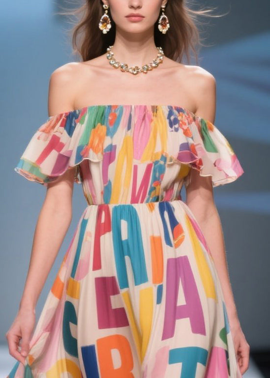 Beige Cold Shoulder Print Chiffon Beach Dress Summer