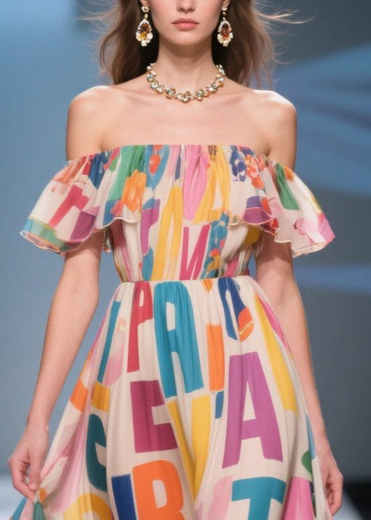 Beige Cold Shoulder Print Chiffon Beach Dress Summer