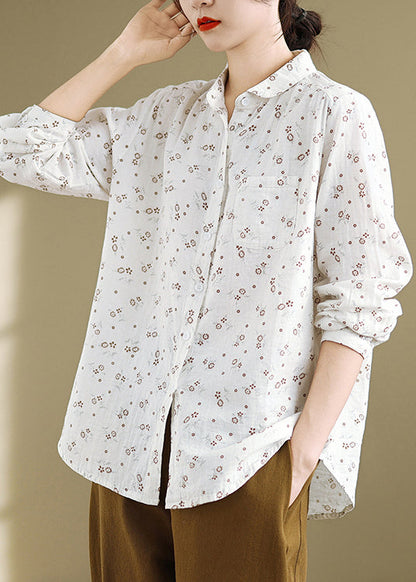 White Peter Pan Collar Print Cotton Shirts Top Spring