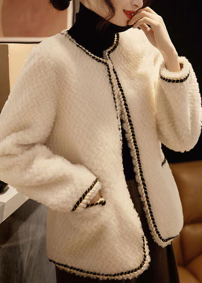 Black O Neck Pockets Patchwork Wool Coat Winter