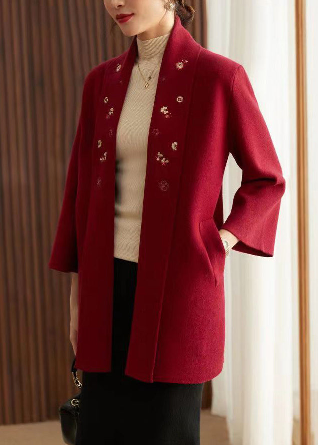 Red Embroidered Pockets Patchwork Knit Cardigans Fall
