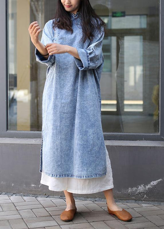 Loose Denim Blue Tunics Stand Collar Side Open Dresses
