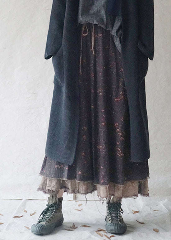 Black Elastic Waist Drawstring Print a Line Skirt Spring