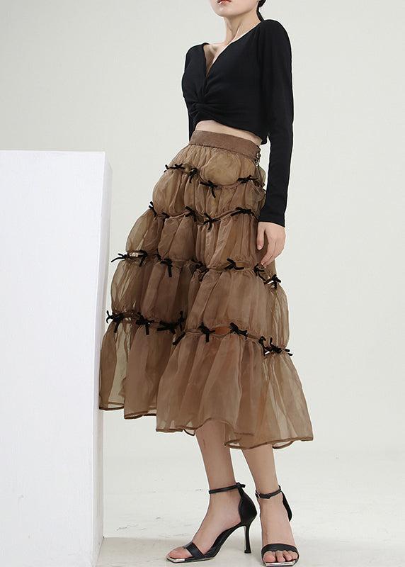 Milk Tea Color Bow Wrinkled Skirts Spring