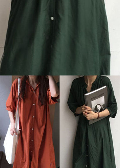 Brick Red Button Cotton Dresses Wrinkled Half Sleeve