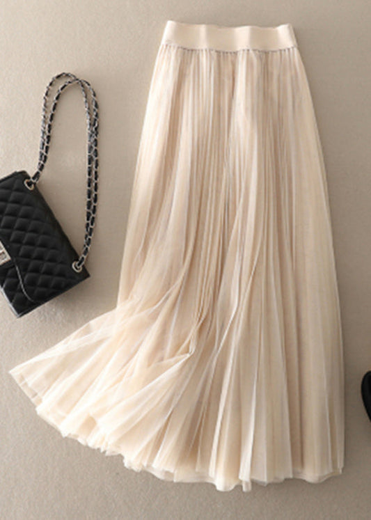 Style Apricot Wrinkled Patchwork Tulle Pleated Skirt Spring