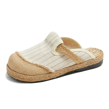 Fitted Slippers Shoes Beige Striped Cotton Linen Fabric