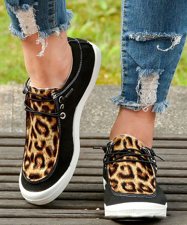 Black Leopard Print Flat Feet Shoes Splicing Lace Up Flat Feet Shoes