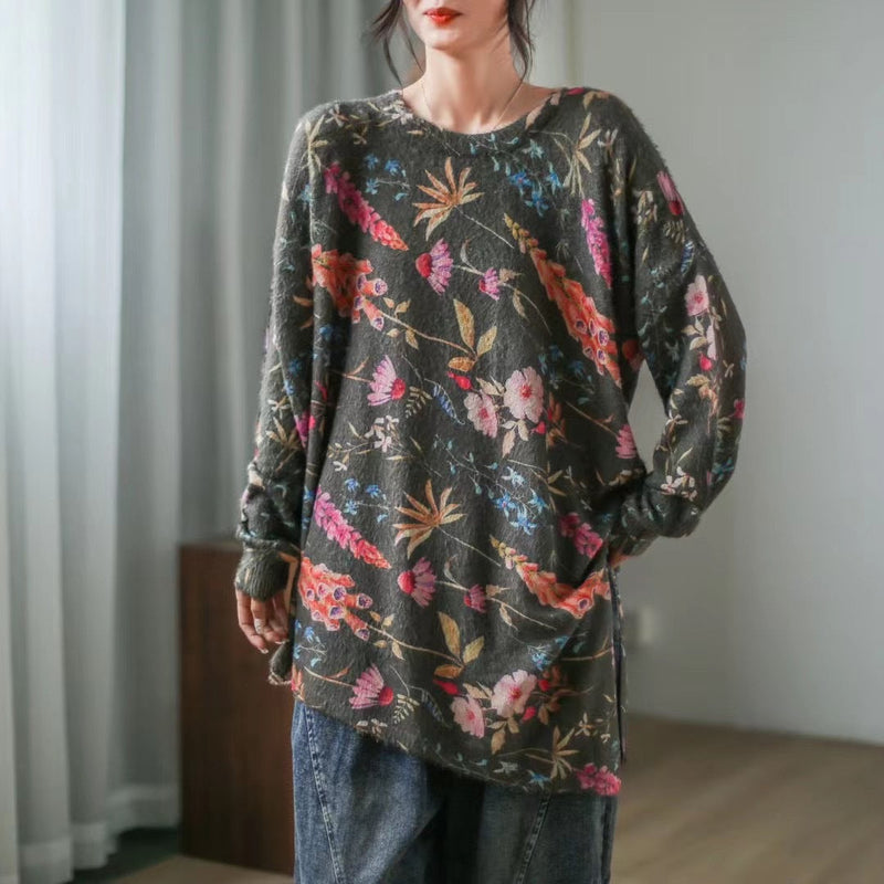 Retro Literary Print Mid-length Irregular Sweater